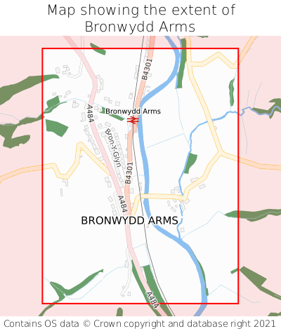 Map showing extent of Bronwydd Arms as bounding box