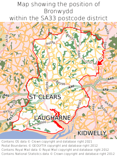 Map showing location of Bronwydd within SA33