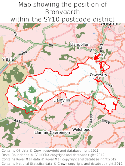 Map showing location of Bronygarth within SY10