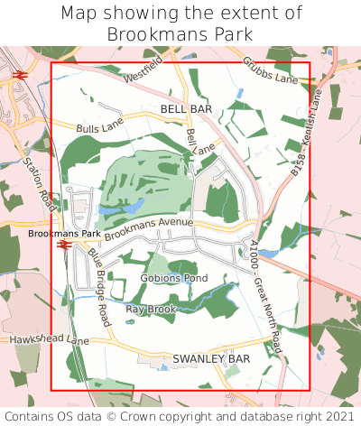 Map showing extent of Brookmans Park as bounding box