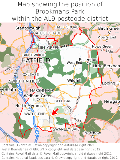 Map showing location of Brookmans Park within AL9