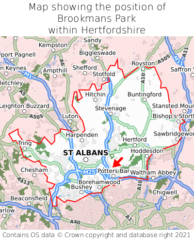 Map showing location of Brookmans Park within Hertfordshire