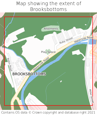 Map showing extent of Brooksbottoms as bounding box