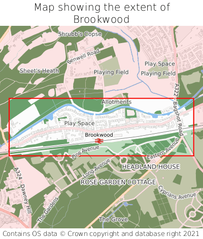 Map showing extent of Brookwood as bounding box