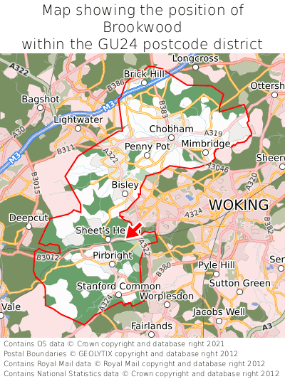 Map showing location of Brookwood within GU24