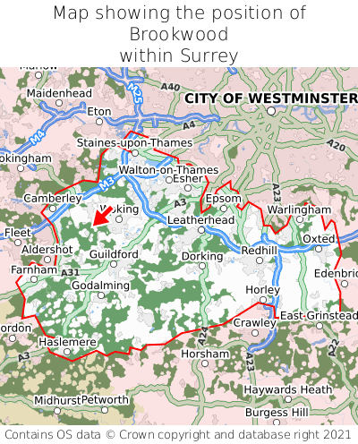 Map showing location of Brookwood within Surrey