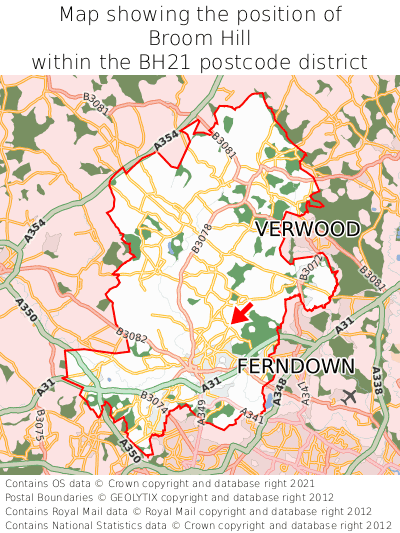 Map showing location of Broom Hill within BH21