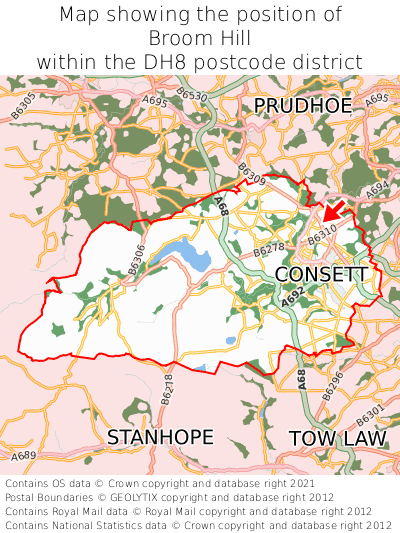 Map showing location of Broom Hill within DH8