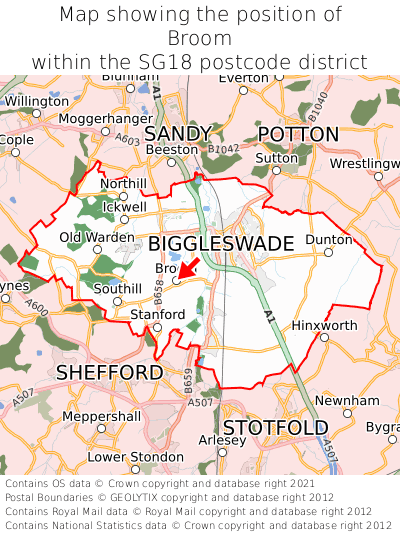 Map showing location of Broom within SG18