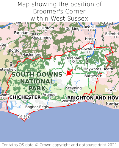 Map showing location of Broomer's Corner within West Sussex