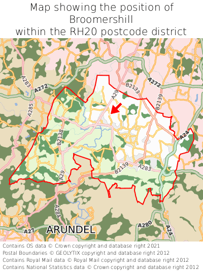 Map showing location of Broomershill within RH20