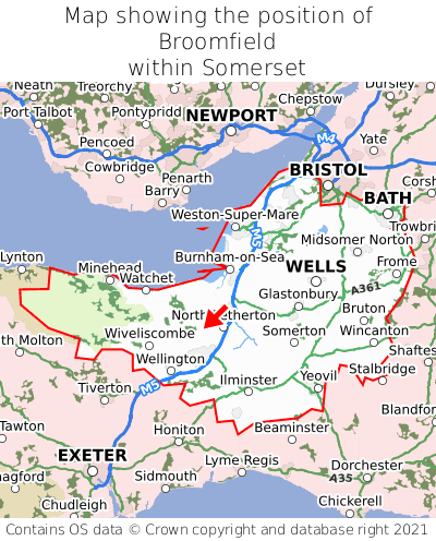Map showing location of Broomfield within Somerset