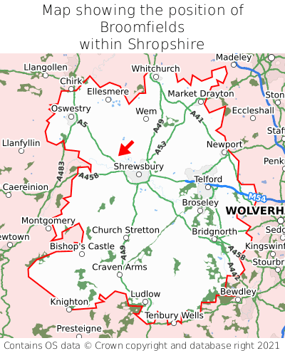 Map showing location of Broomfields within Shropshire