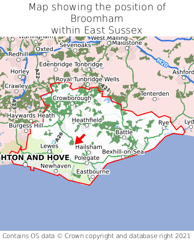 Map showing location of Broomham within East Sussex