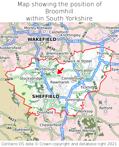 Map showing location of Broomhill within South Yorkshire