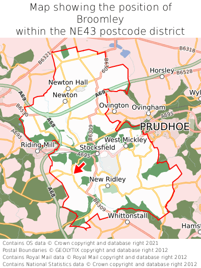 Map showing location of Broomley within NE43