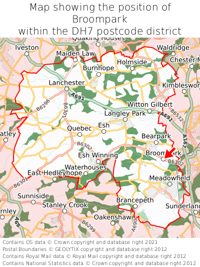 Map showing location of Broompark within DH7