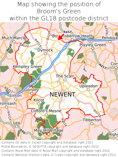 Map showing location of Broom's Green within GL18