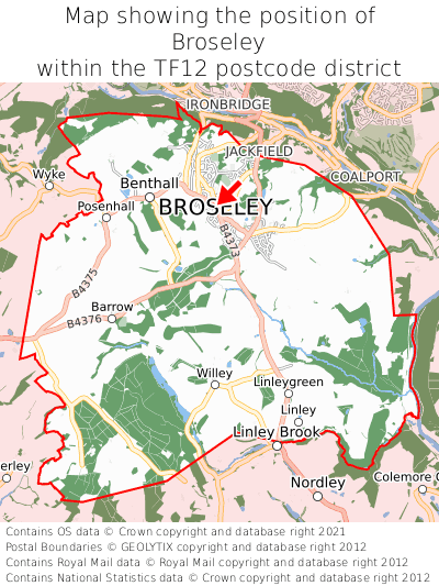 Map showing location of Broseley within TF12