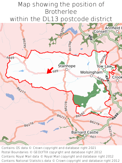 Map showing location of Brotherlee within DL13