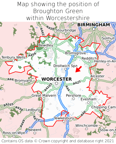 Map showing location of Broughton Green within Worcestershire