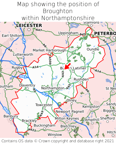 Map showing location of Broughton within Northamptonshire