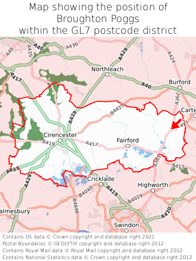 Map showing location of Broughton Poggs within GL7
