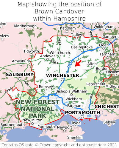 Map showing location of Brown Candover within Hampshire