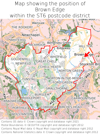 Map showing location of Brown Edge within ST6