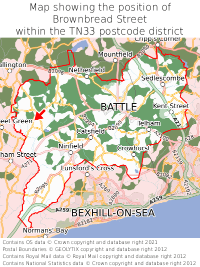 Map showing location of Brownbread Street within TN33