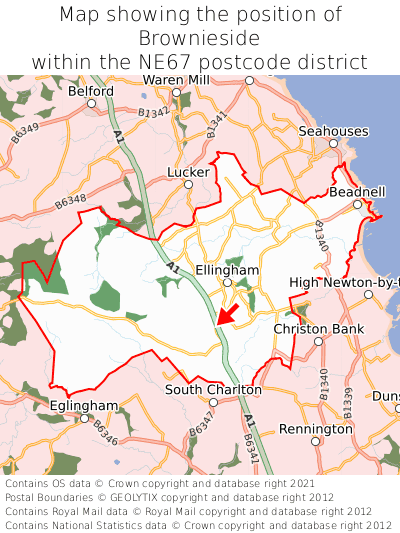 Map showing location of Brownieside within NE67