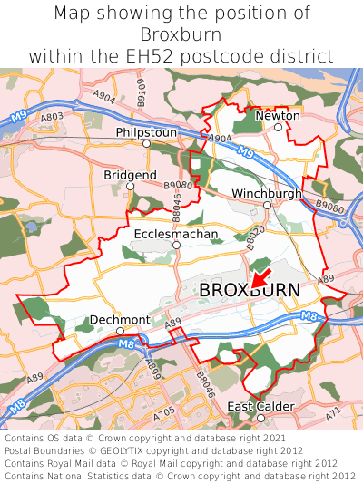 Map showing location of Broxburn within EH52