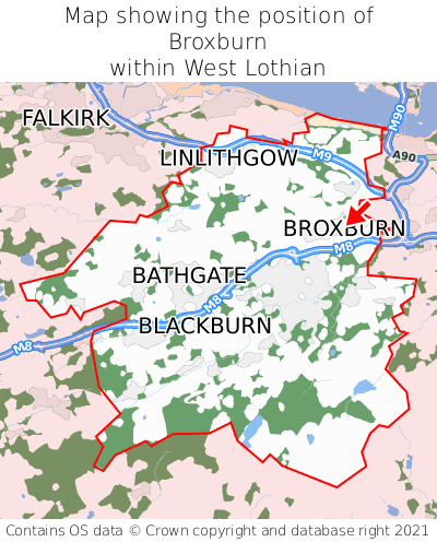Map showing location of Broxburn within West Lothian