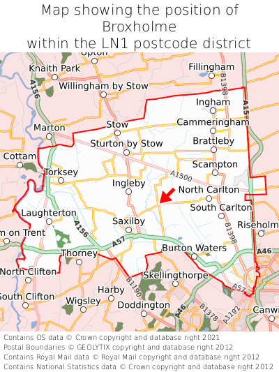 Map showing location of Broxholme within LN1