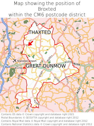 Map showing location of Broxted within CM6