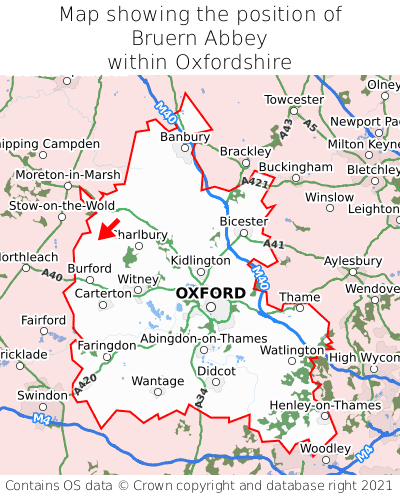 Map showing location of Bruern Abbey within Oxfordshire