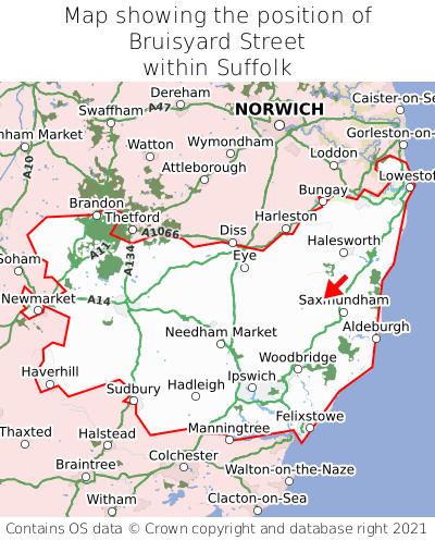 Map showing location of Bruisyard Street within Suffolk
