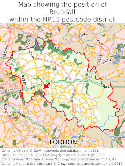 Map showing location of Brundall within NR13