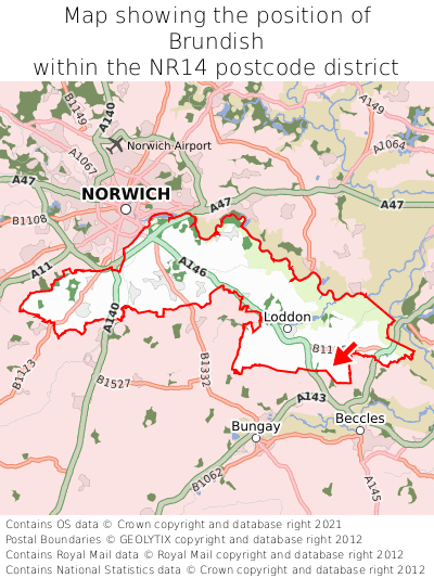 Map showing location of Brundish within NR14