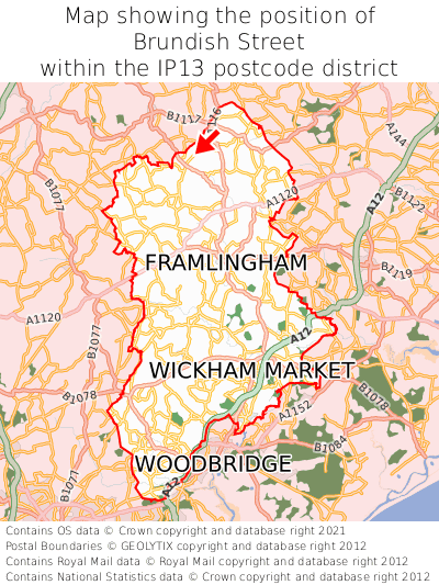 Map showing location of Brundish Street within IP13