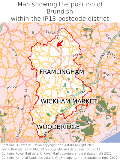 Map showing location of Brundish within IP13