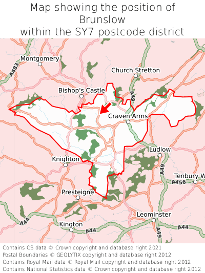 Map showing location of Brunslow within SY7