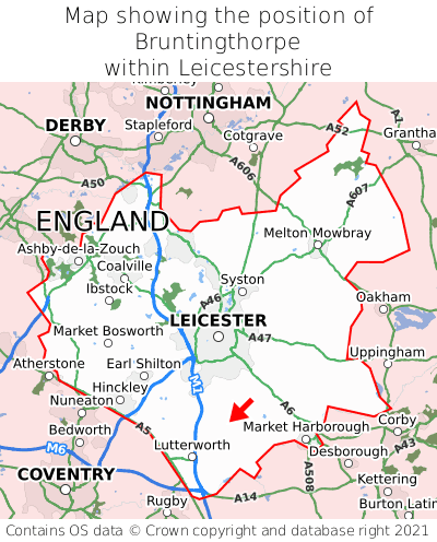 Map showing location of Bruntingthorpe within Leicestershire