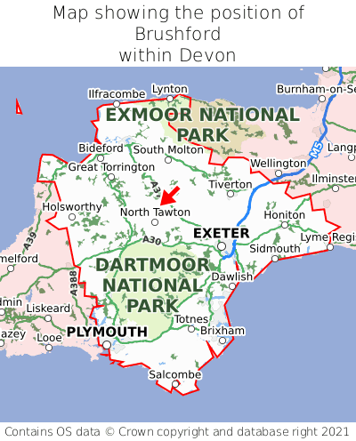 Map showing location of Brushford within Devon