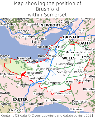 Map showing location of Brushford within Somerset