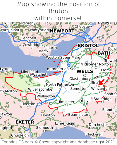 Map showing location of Bruton within Somerset