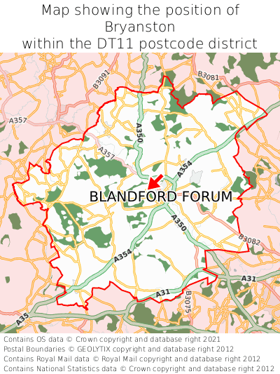 Map showing location of Bryanston within DT11