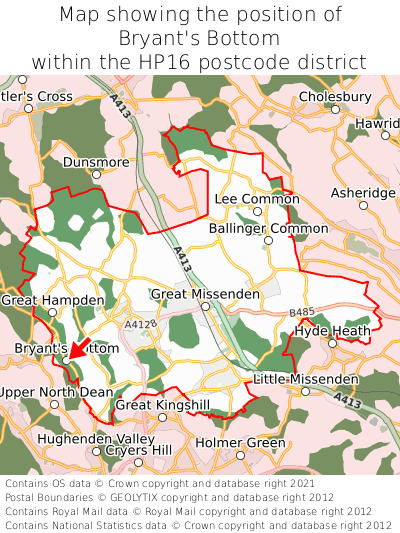 Map showing location of Bryant's Bottom within HP16