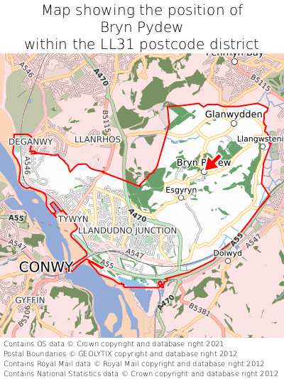 Map showing location of Bryn Pydew within LL31