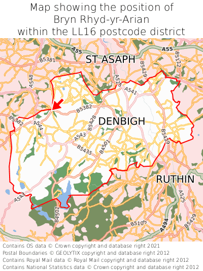Map showing location of Bryn Rhyd-yr-Arian within LL16